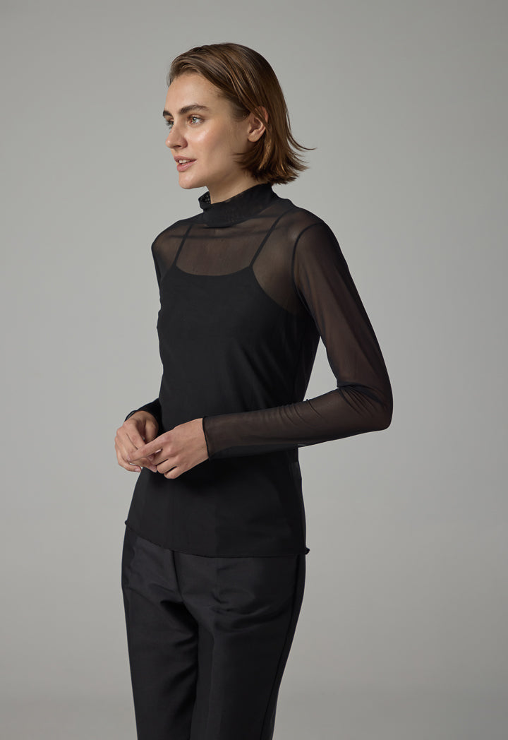 Choice High Neck Long Sleeve Basic Mesh Top Black