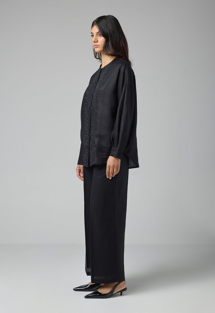 Choice Long Kimono Sleeves Linen Shirt Black