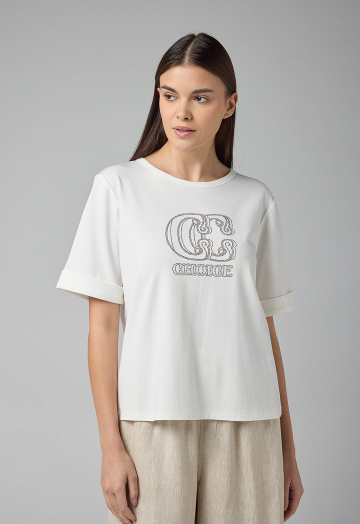 Choice Solid Crystal Embellished T-Shirt Off White