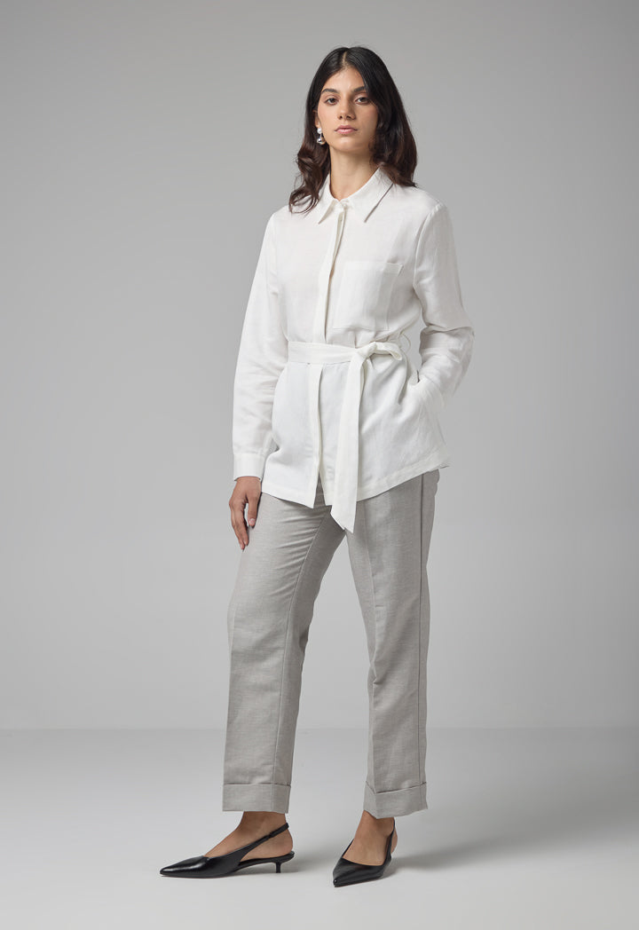 Choice Solid Long Sleeve Belted Shirt Off White