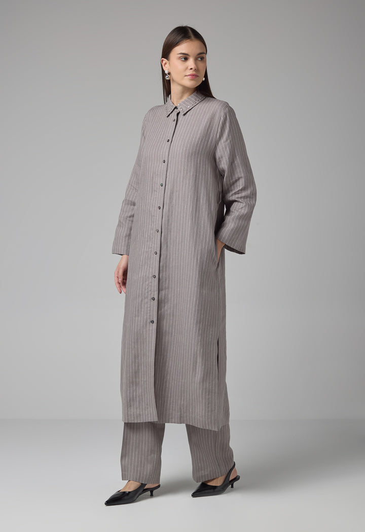 Choice Striped Belted Shirt Dress Grey