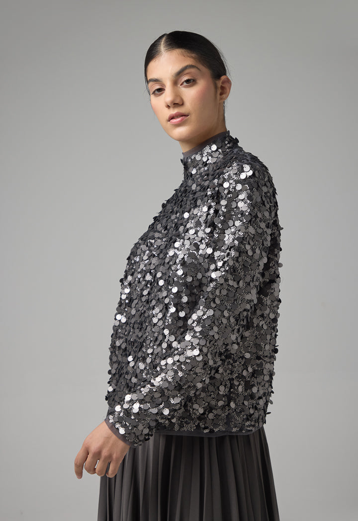 Choice Long Sleeve Sequin Blouse  Grey