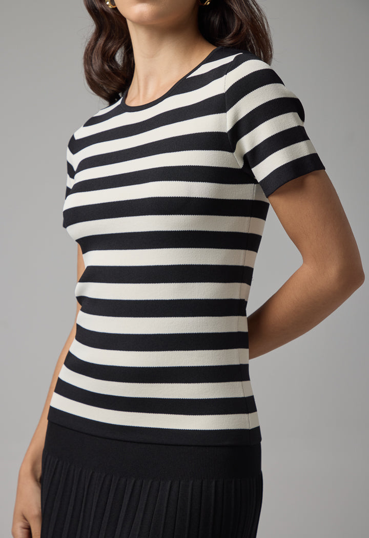 Choice Knitted Striped Short Sleeve Top Offwhite/Black