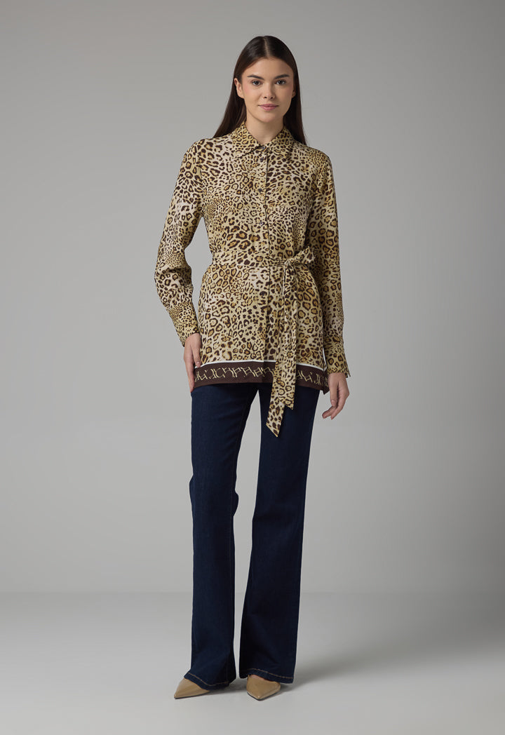 Choice Leopard Print Regular Fit Belted Shirt Brown