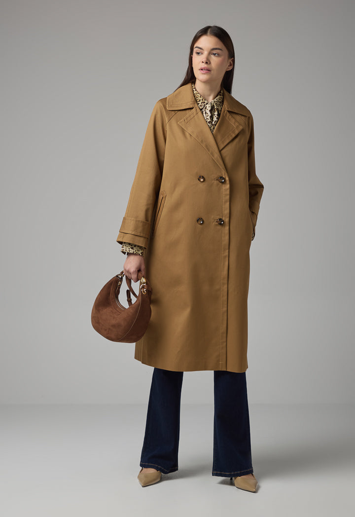 Choice Double Breasted Notched Collar Midi Trench Coat Camel