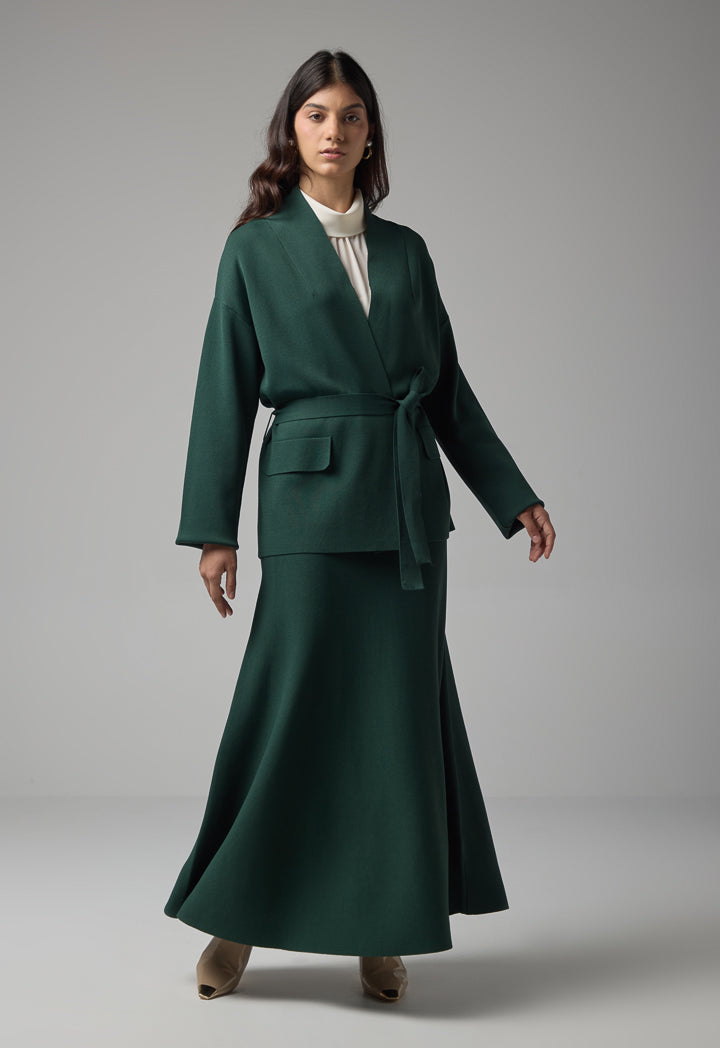 Choice Long Sleeves Knitted Belted Cardigan Green