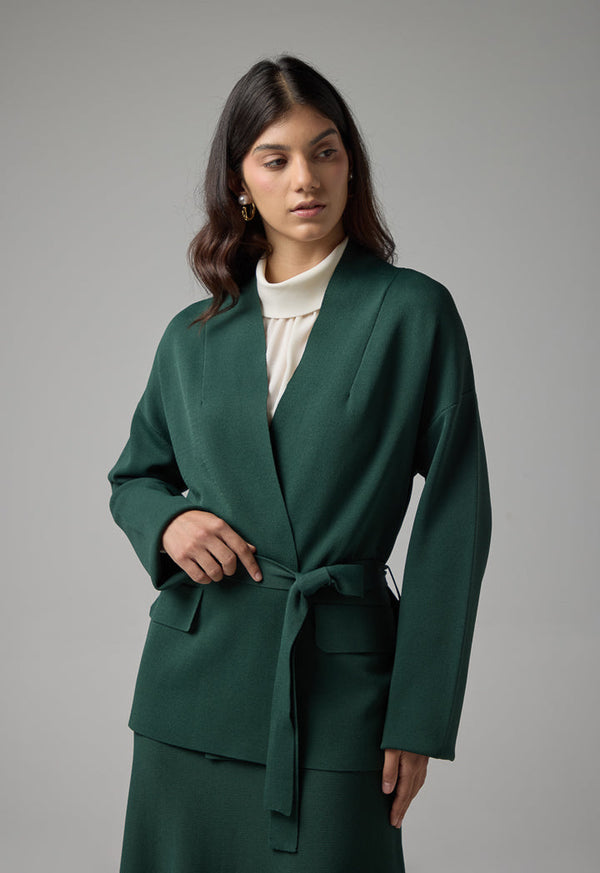 Choice Long Sleeves Knitted Belted Cardigan Green