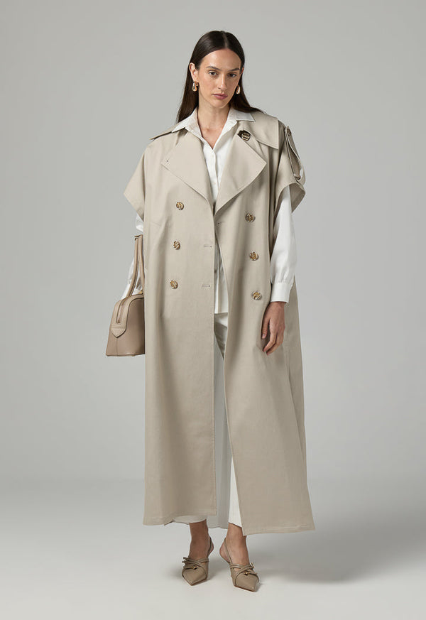 Choice Solid Double Breasted Notched Collar Outerwear Beige