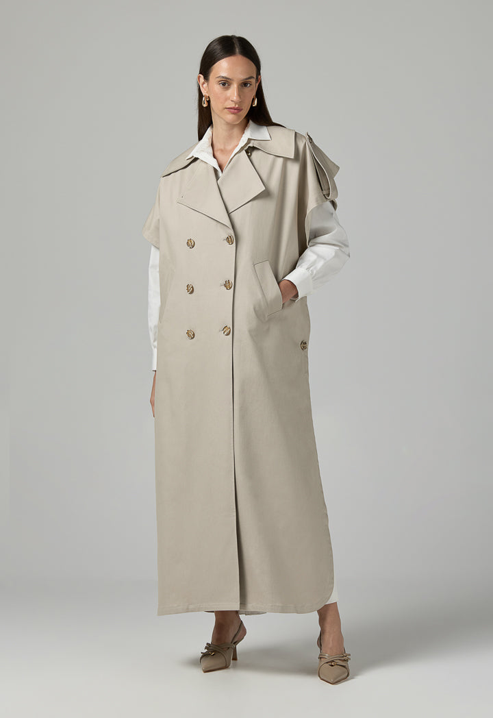 Choice Solid Double Breasted Notched Collar Outerwear Beige