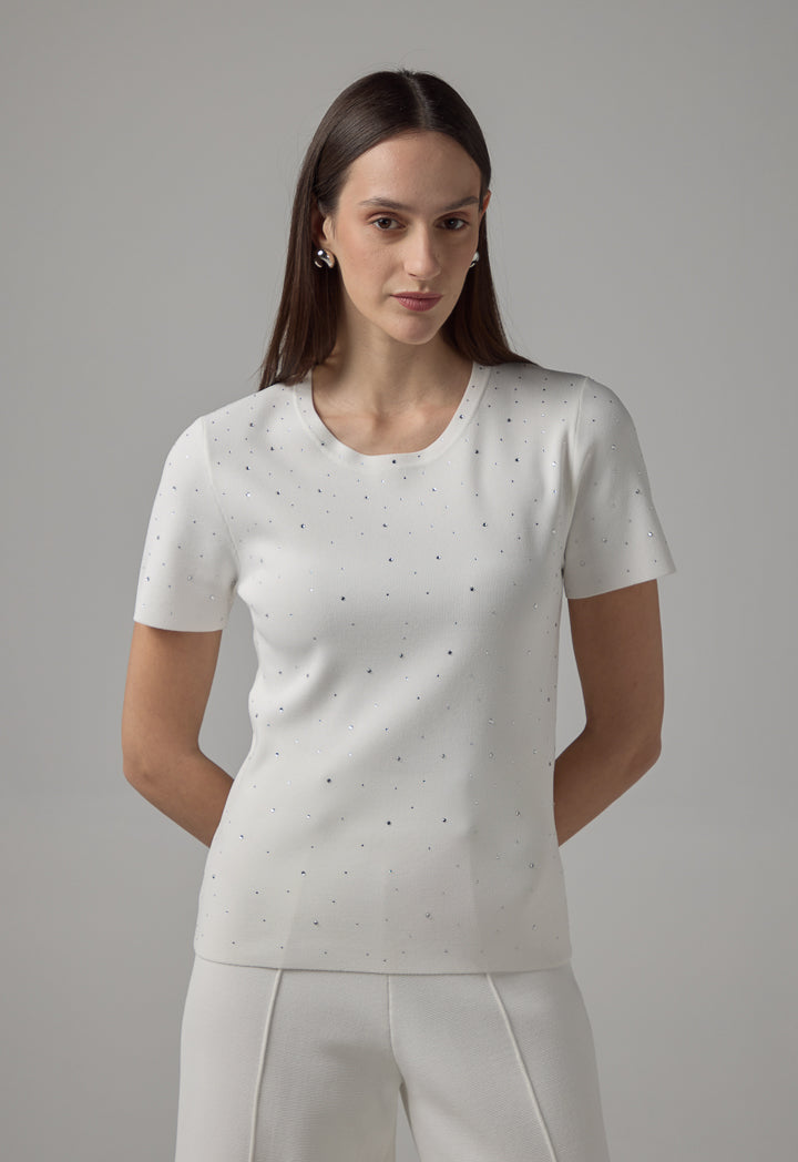 Choice Solid Crystal Embellished Knitted T-Shirt Off White