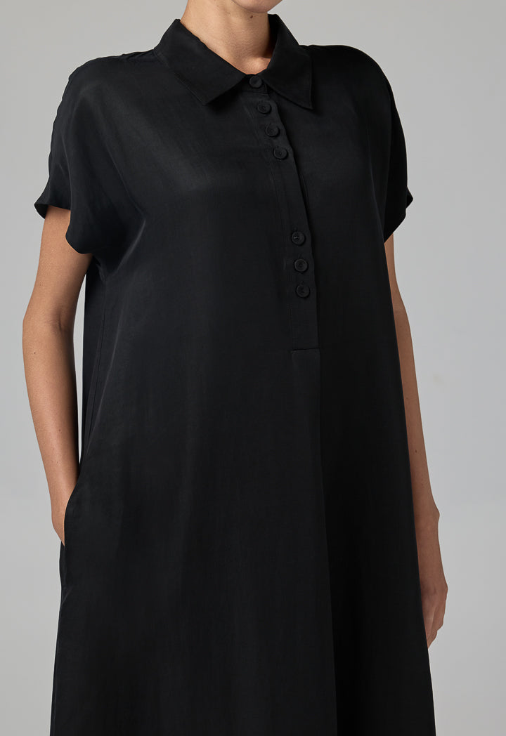 Choice Half Buttons Cap Sleeves Dress  Black