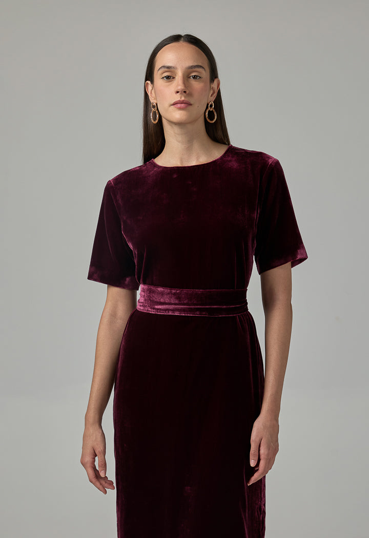 Choice Short Sleeve Velvet Dress  Burgundy
