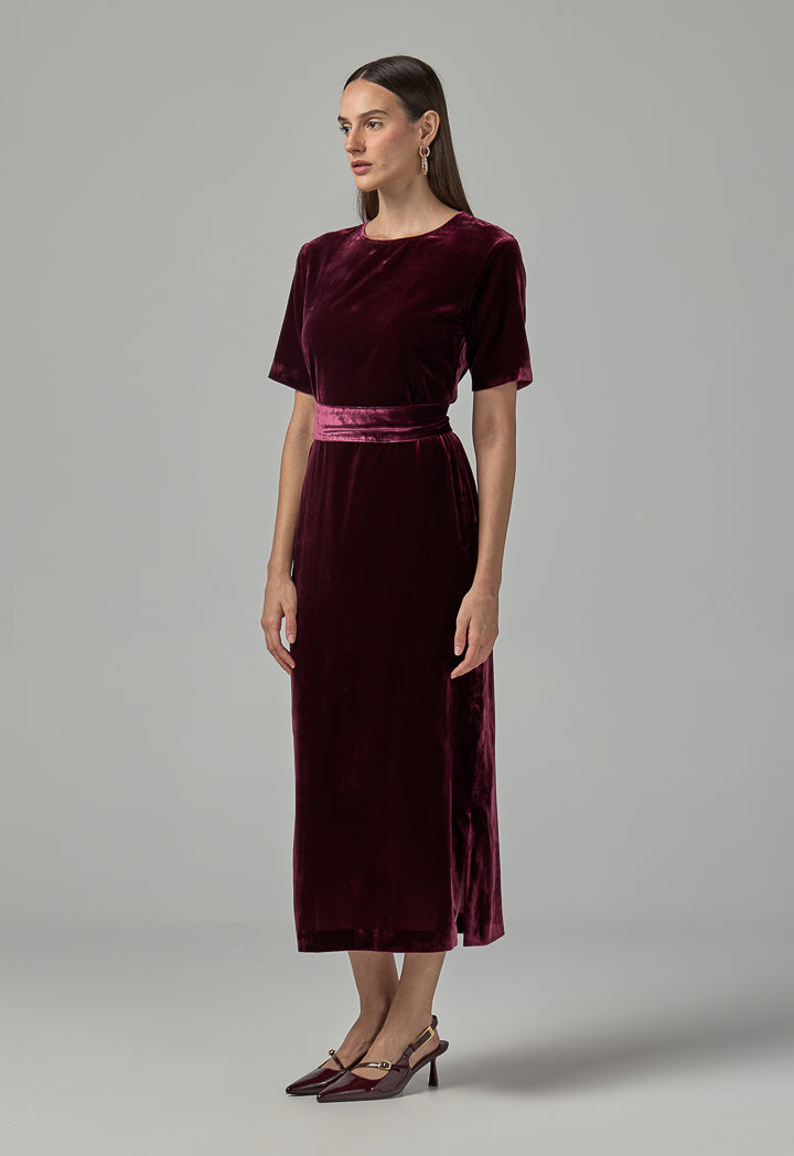 Choice Short Sleeve Velvet Dress  Burgundy