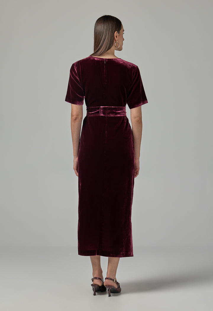 Choice Short Sleeve Velvet Dress  Burgundy