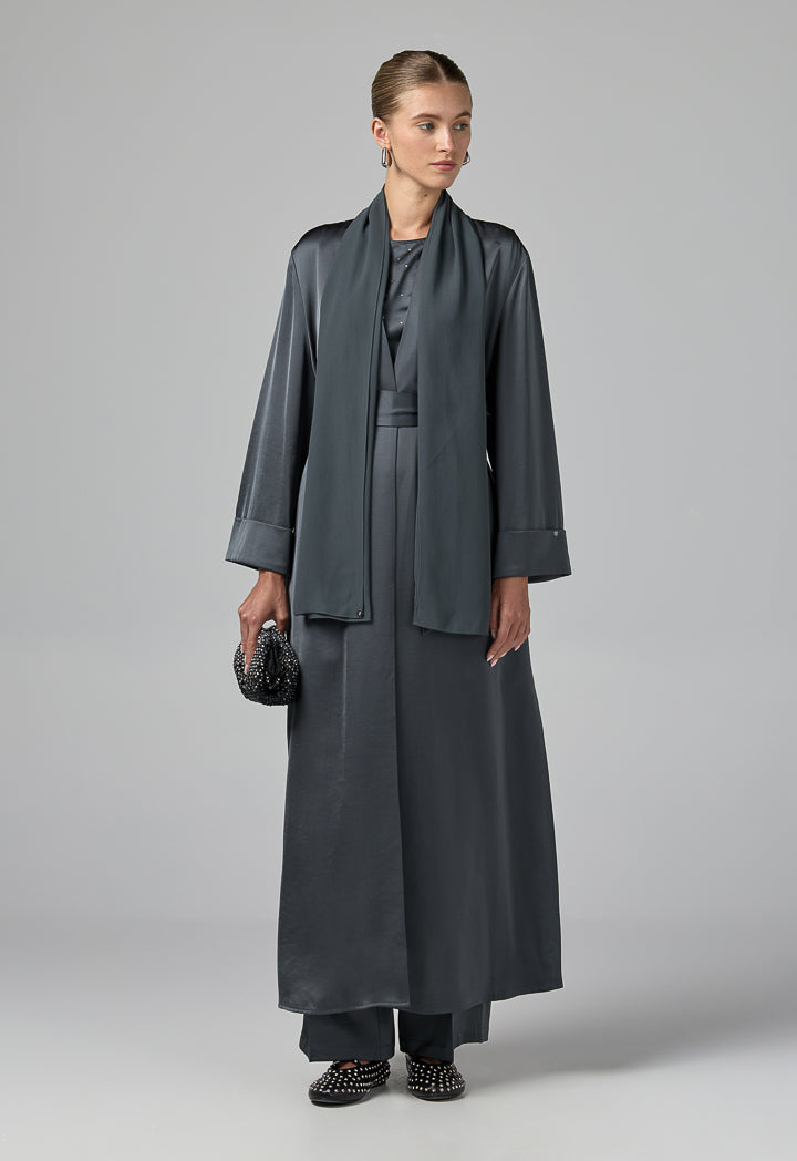 Choice Long Sleeve Solid Open Abaya With Hijab (2Pcs) Grey