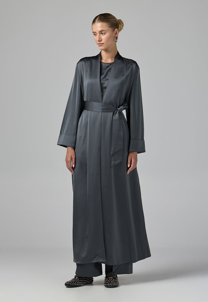 Choice Long Sleeve Solid Open Abaya With Hijab (2Pcs) Grey