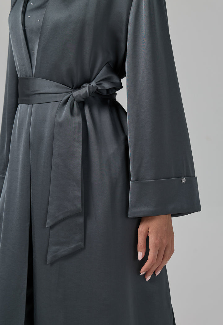 Choice Long Sleeve Solid Open Abaya With Hijab (2Pcs) Grey