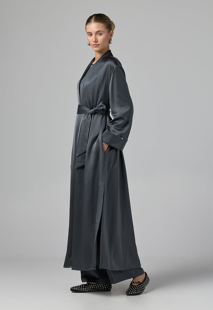 Choice Long Sleeve Solid Open Abaya With Hijab (2Pcs) Grey