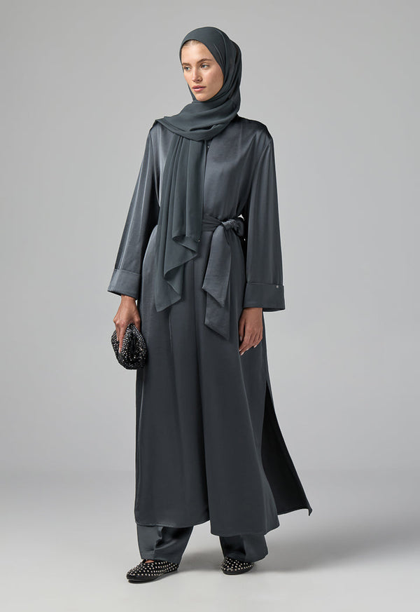 Choice Long Sleeve Solid Open Abaya With Hijab (2Pcs) Grey