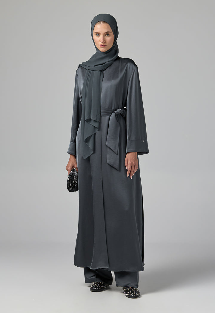 Choice Long Sleeve Solid Open Abaya With Hijab (2Pcs) Grey
