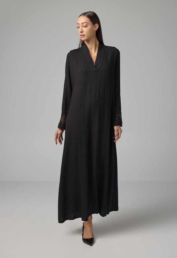 Choice Solid Long Sleeve Flared Dress Black