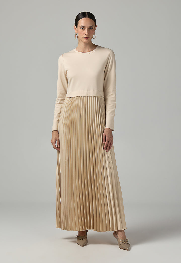 Choice Solid Pleated Maxi Dress Beige