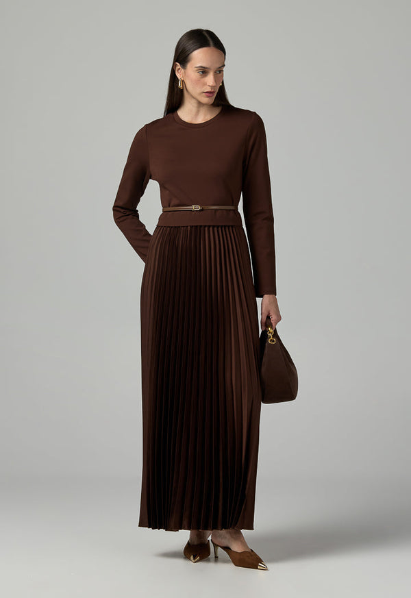 Choice Solid Pleated Maxi Dress Brown