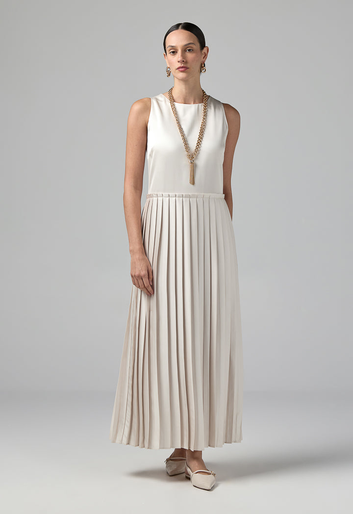 Choice Sleeveless Pleated Dress Beige