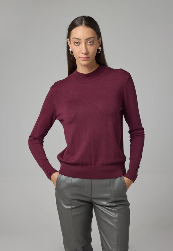 Choice High Round Neck Knitted Basic Blouse Burgundy