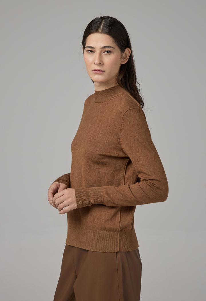 Choice High Round Neck Knitted Basic Blouse Camel