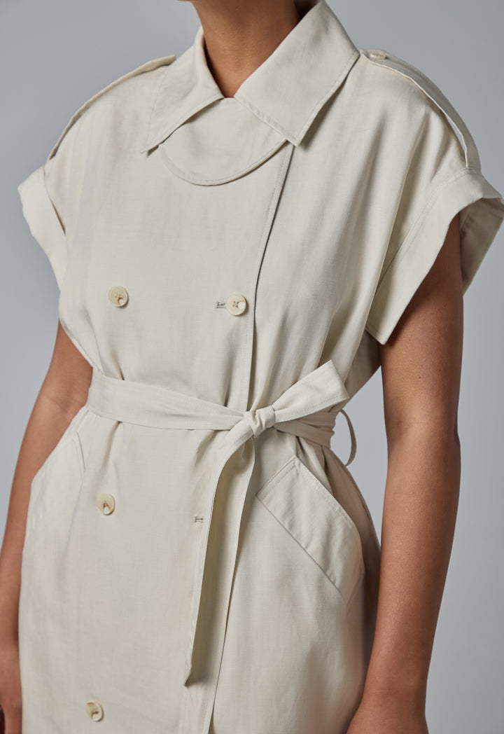 Choice Short Sleeve Belted Shirt Dress Cream