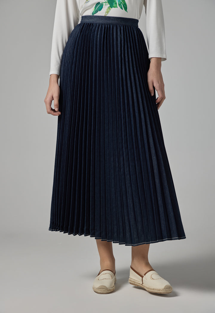 Choice Solid Flared Pleated Denim Skirt Navy