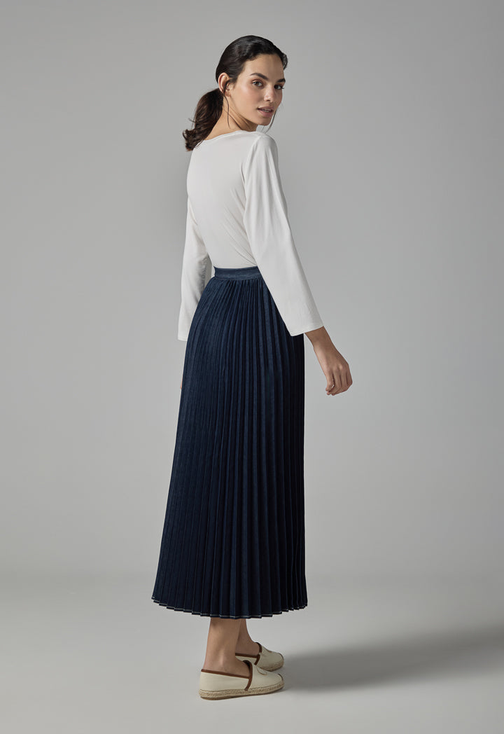 Choice Solid Flared Pleated Denim Skirt Navy