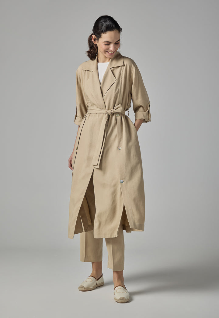 Choice Solid Long Sleeve Belted Coat Beige