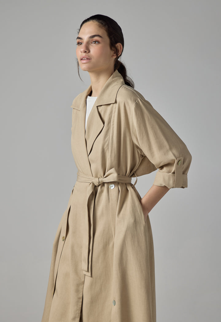 Choice Solid Long Sleeve Belted Coat Beige