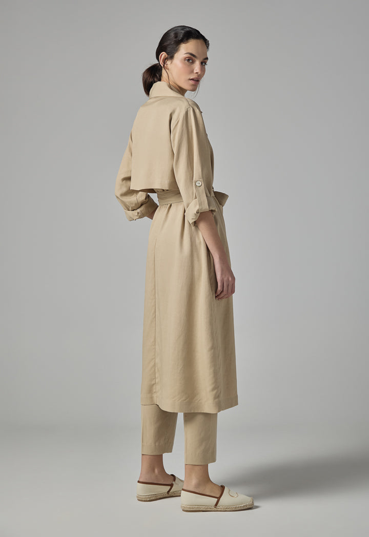 Choice Solid Long Sleeve Belted Coat Beige