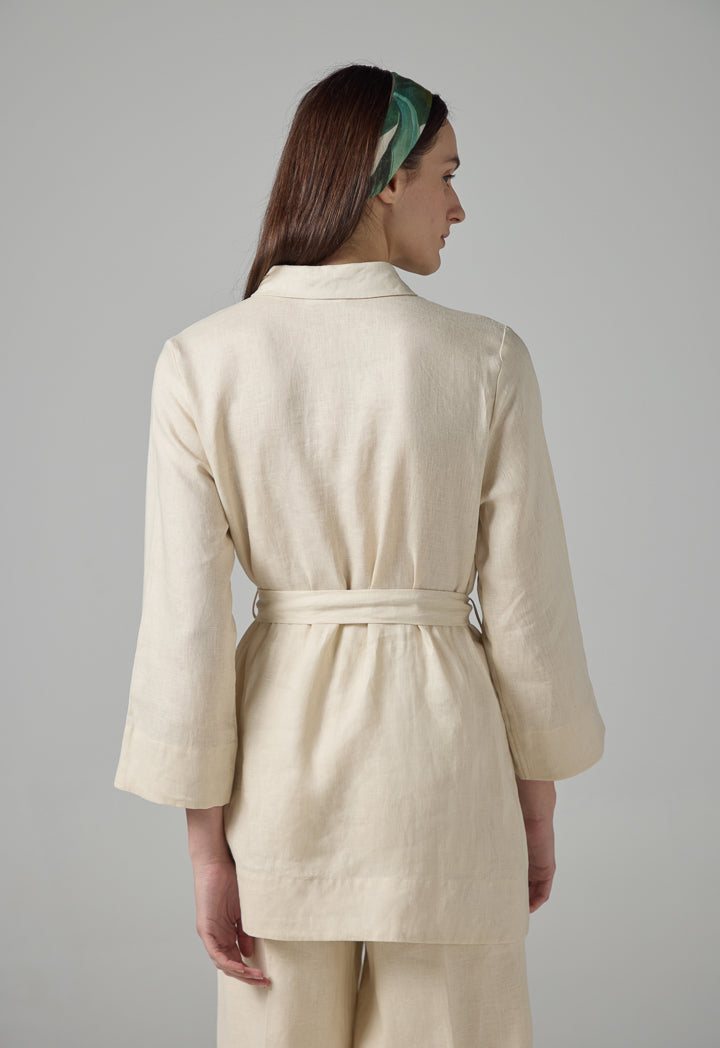 Choice Solid Long Sleeve Belted Shirt Beige