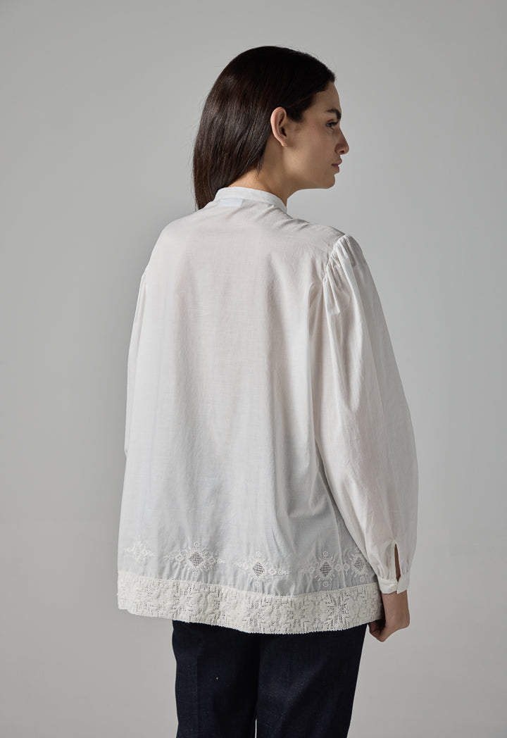 Choice Embroidered Long Sleeves Pleated Shirt Off White