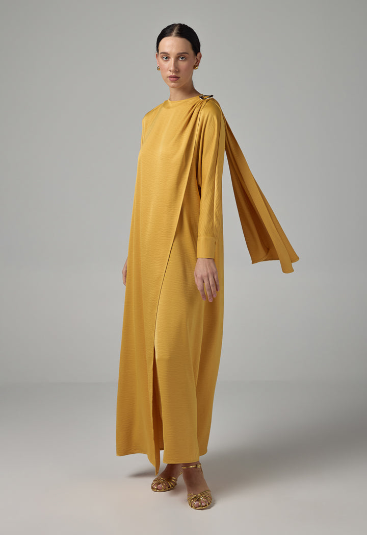 Choice Solid Maxi Dress With Attachable Scarf  Mustard