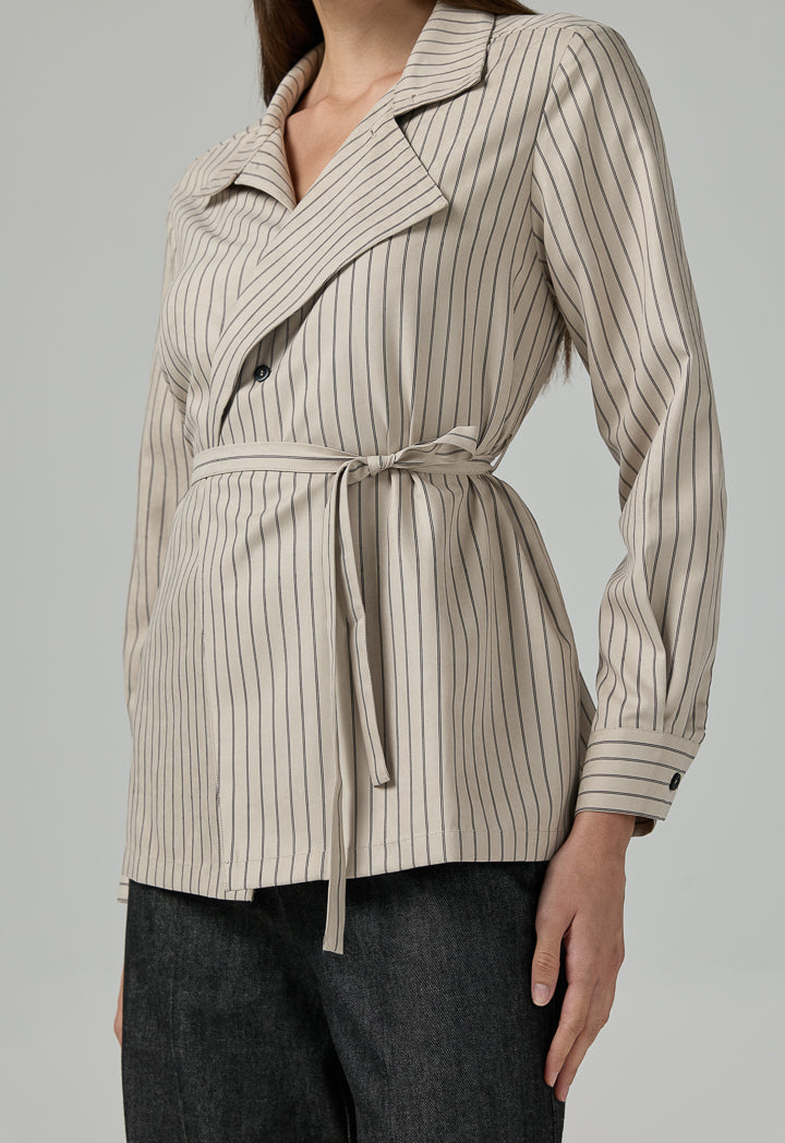 Choice Contrast Striped Belted Shirt  Beige