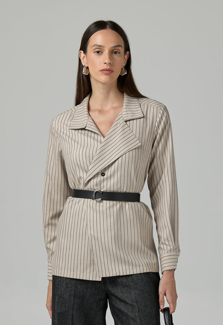 Choice Contrast Striped Belted Shirt  Beige