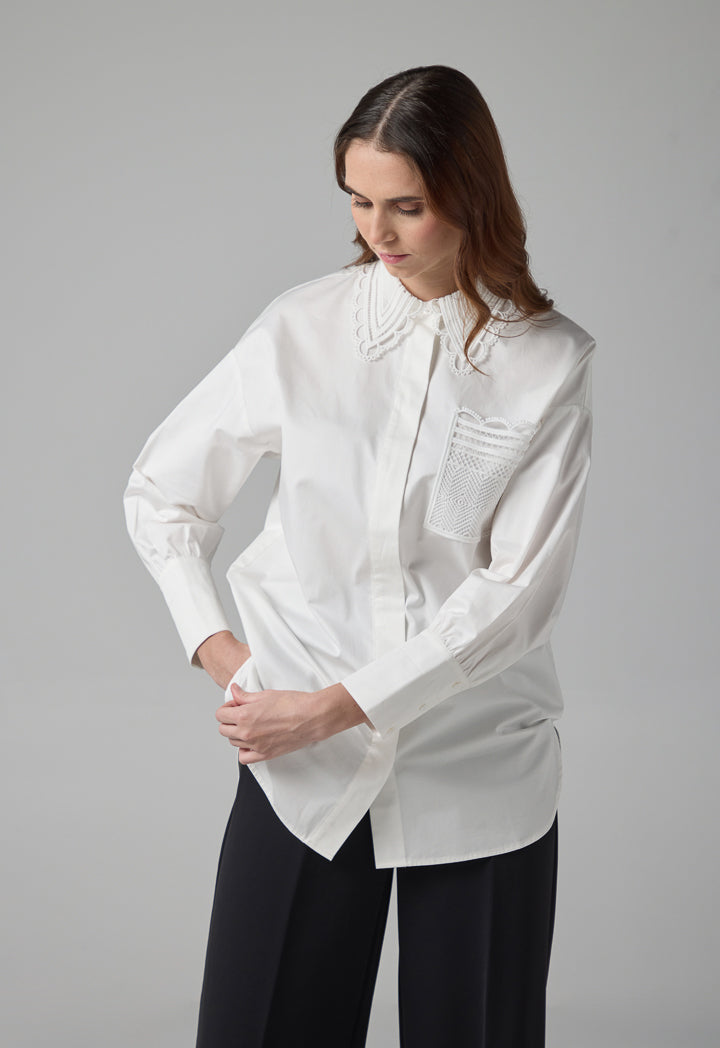 Choice Schiffli Collar Long Sleeves Shirt Off White