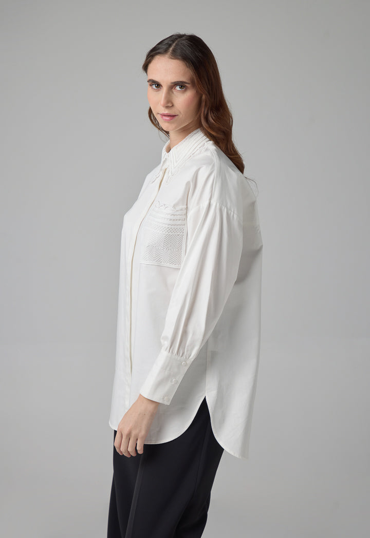 Choice Schiffli Collar Long Sleeves Shirt Off White