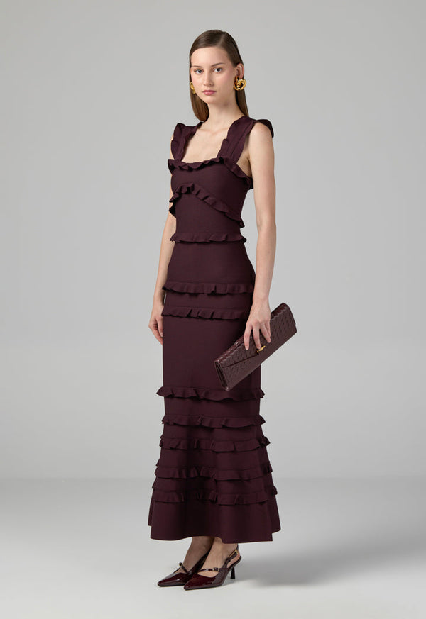 Choice Solid Ruffle Bodycon Dress Burgundy