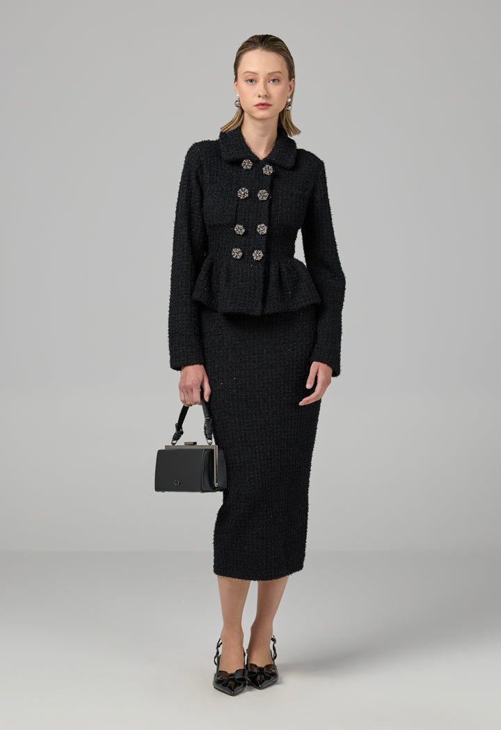 Choice Solid Sequins Dress With Tweed Jacket Black