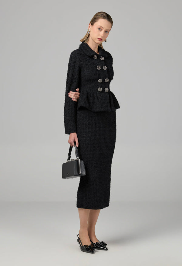 Choice Solid Sequins Dress With Tweed Jacket Black