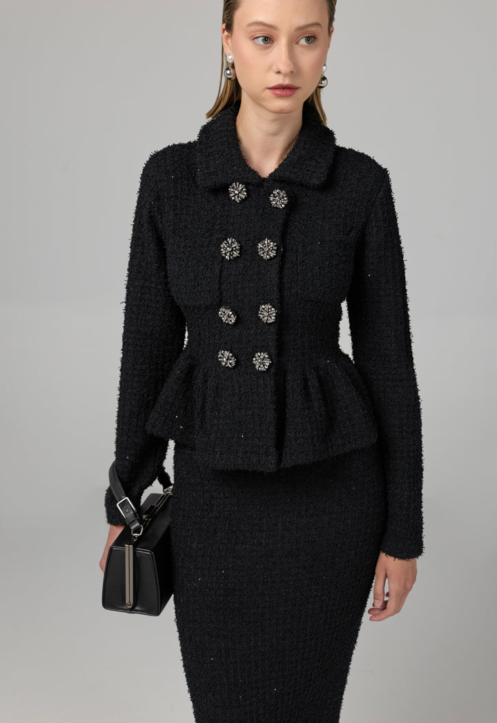 Choice Solid Sequins Dress With Tweed Jacket Black