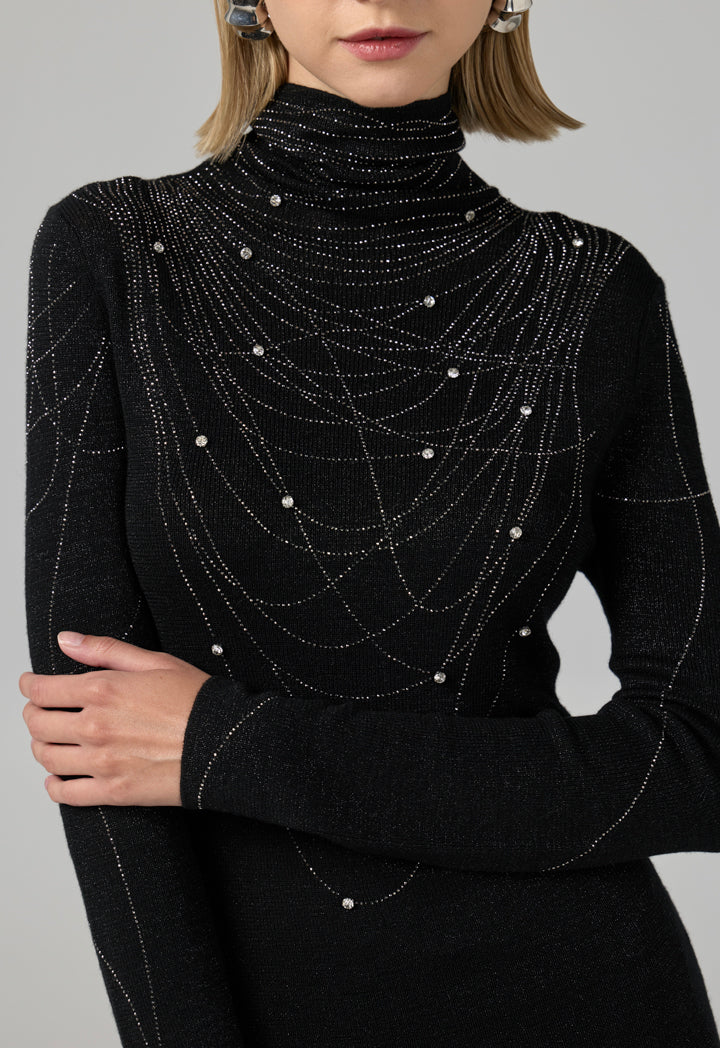 Choice Solid Crystal Embellished Knitted Top Black