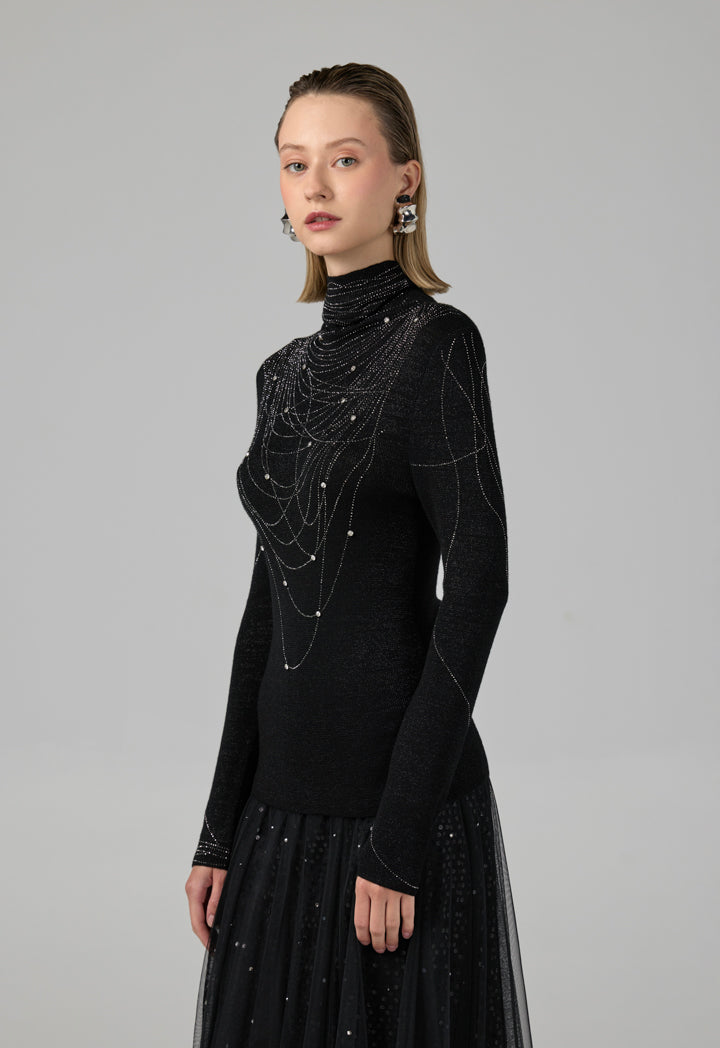 Choice Solid Crystal Embellished Knitted Top Black