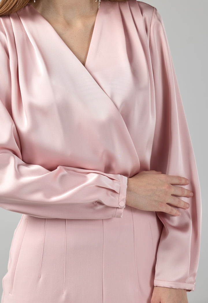 Choice Long Sleeves Satin Bodysuit Top Pink